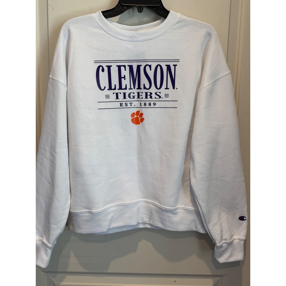 Champion Clemson Tigers Sweatshirt White Crewneck Graphic Pullover Womens Small